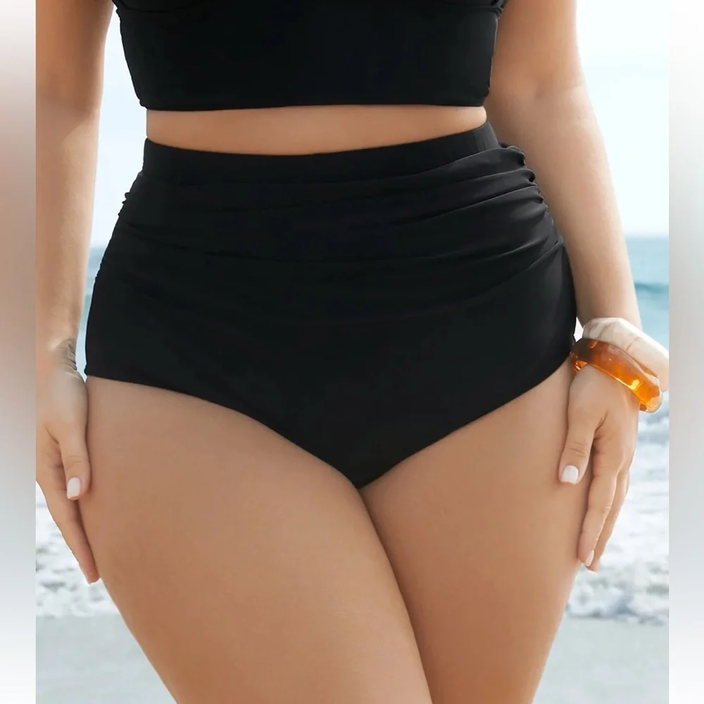 BloomChic Plus Size Plain Patchwork Ruched Swim Bottom - Picture 1 of 6